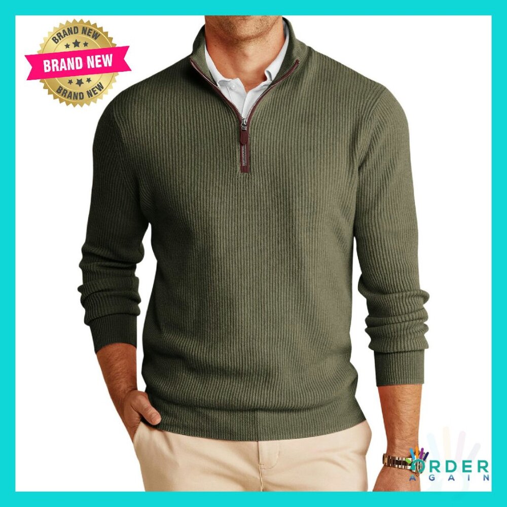 Quarter-Zip Pullover Sweater Mock Neck Ribbed Classic Fit Winter Warm